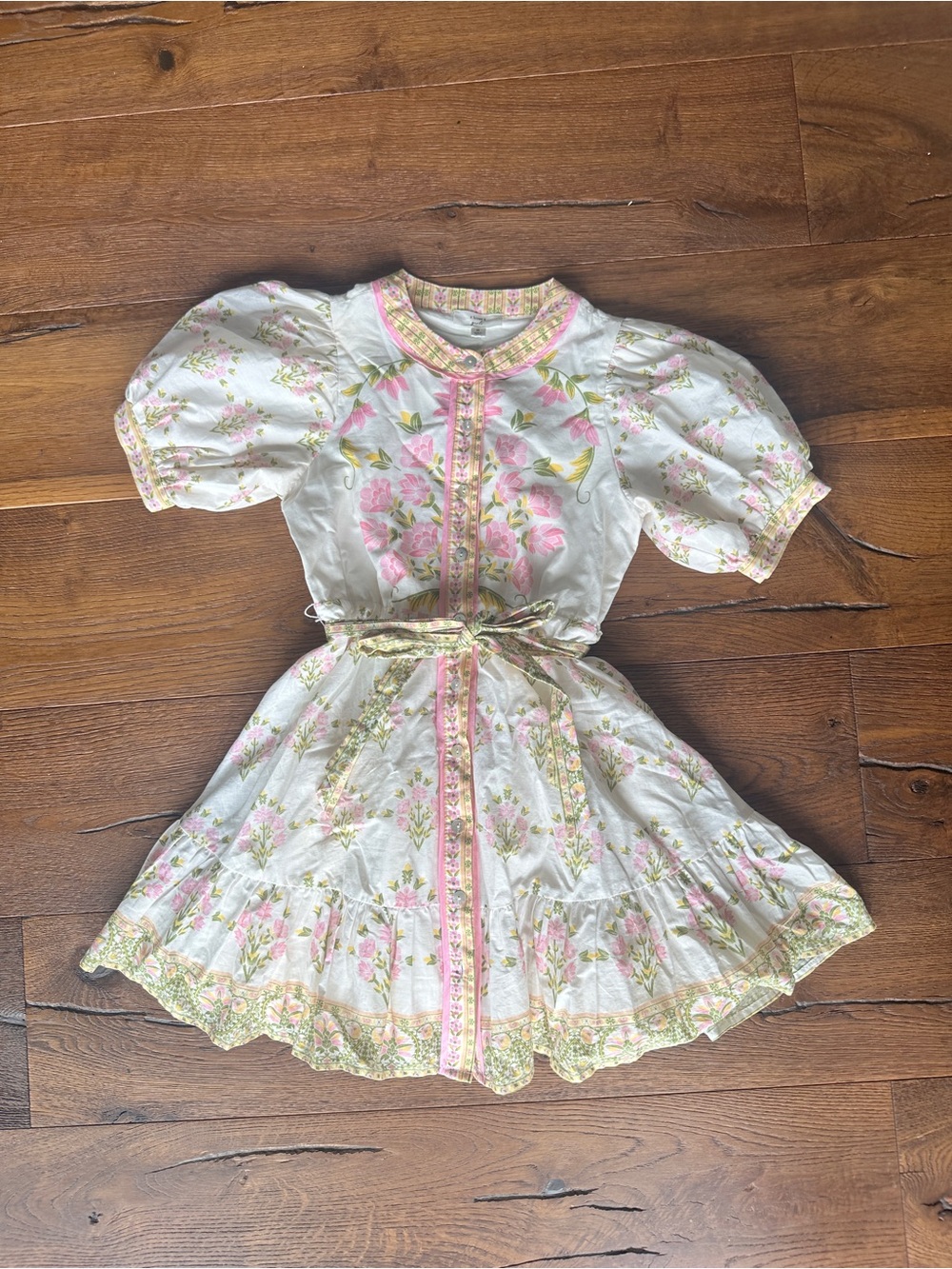 A Loves A Girls' Pink & Cream Floral Puff-Sleeve Dress with Tie Waist